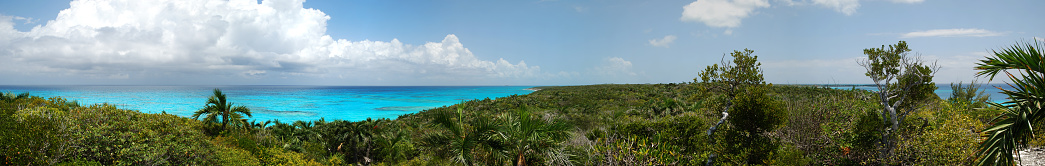 The panoramic view from the highest point on uninhabited tourist island Half Moon Cay (Bahamas).