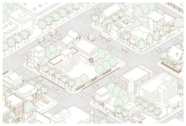 Vector illustration of Three-dimensional view of the townscape. Cityscape. Line drawing illustration.