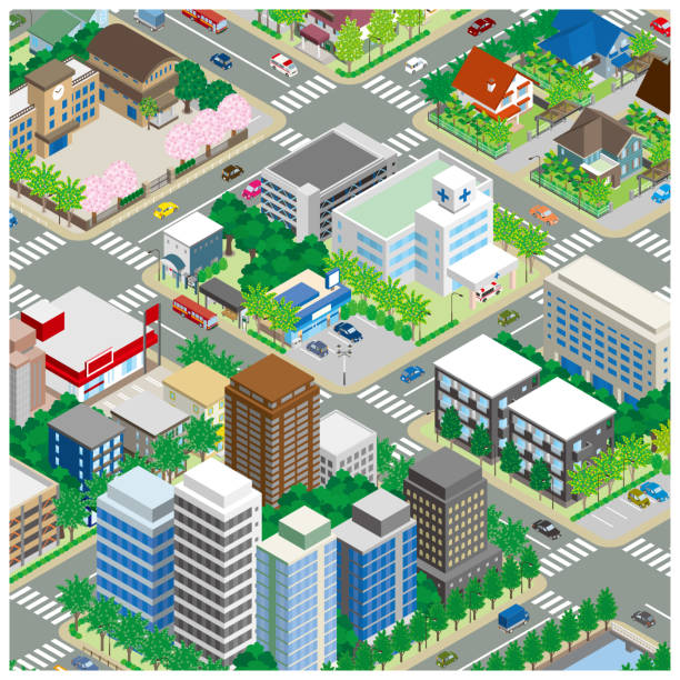 ilustrações de stock, clip art, desenhos animados e ícones de three-dimensional view of the townscape. cityscape. - ônibus de dois andares