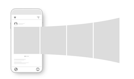 Smartphone with carousel interface post on social network. Social media design concept. Vector illustration.