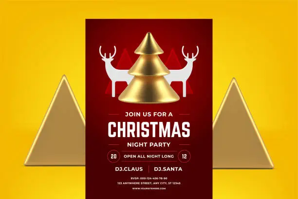 Vector illustration of Red Christmas disco night club party promo flyer template design spruce bauble 3d icon vector