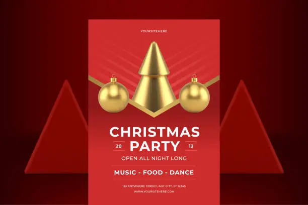 Vector illustration of Premium red Christmas party advertising flyer template golden bauble realistic 3d icon vector