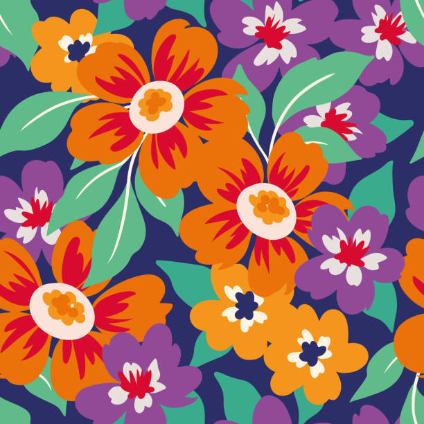 istock Seamless flower pattern, cute floral print with summer meadow. Abstract arrangement of colorful flowers, leaves on a blue background. Vector. 1434068802