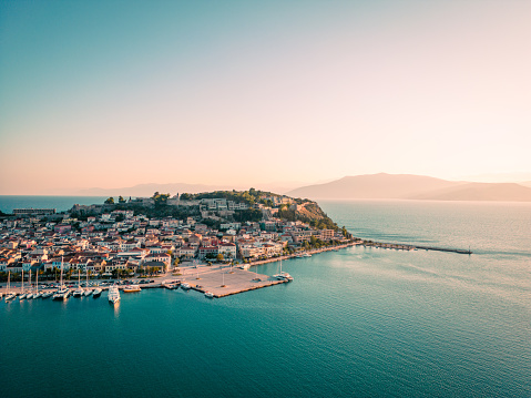 aerial photo of the town of Nafplio  in Argolida, Peloponnese, Greece at sunset