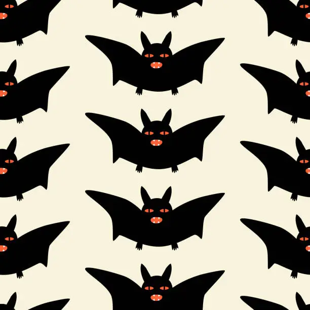 Vector illustration of Spooky vampire bat with red eyes hand drawn vector illustration. Halloween party seamless pattern for home decor, fabric or wallpaper.