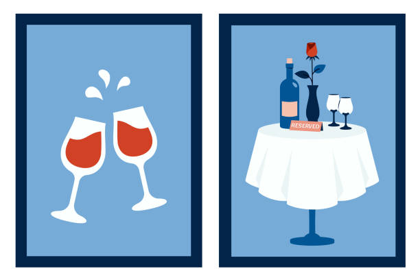 illustrazioni stock, clip art, cartoni animati e icone di tendenza di set di poster minimalisti verticali con tavolo ristorante, vino, bicchiere, fiore. moderno biglietto di san valentino. illustrazione di tendenza vettoriale per vacanze, cena romantica, festa, matrimonio, appuntamenti, invito - invitation elegance dinner backgrounds