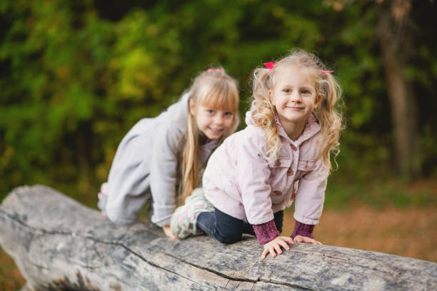 istock Two cute children climb, balance on a fallen log in an park. 1434073481