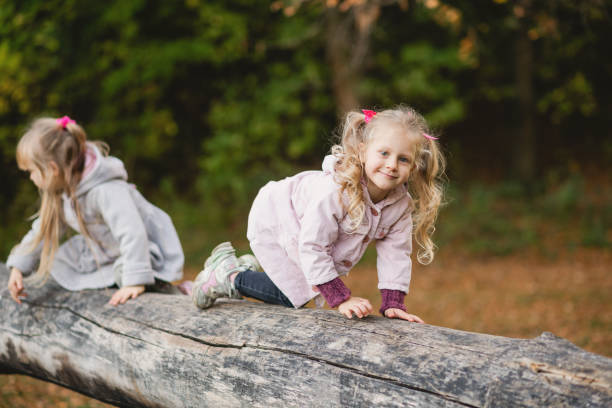 istock Two cute children climb, balance on a fallen log in an park. 1434073529