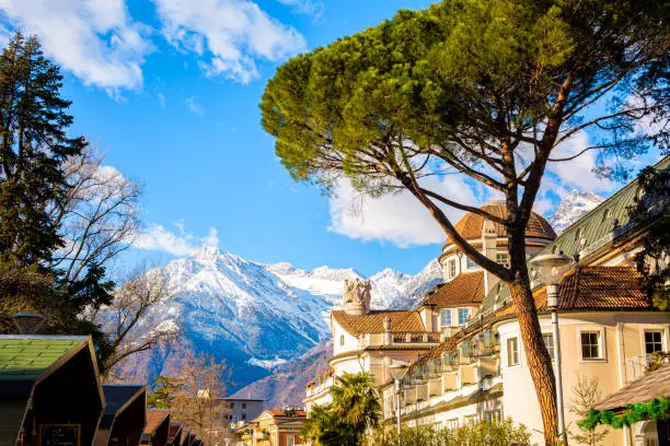 Merano o Meran is a city and comune in South Tyrol, northern Italy. Generally best known for its spa resorts. Alps mountains in winter time.