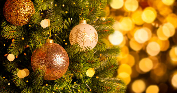 istock Decorated Christmas tree with sparkling balls on blurred golden background with bokeh. 1434073747