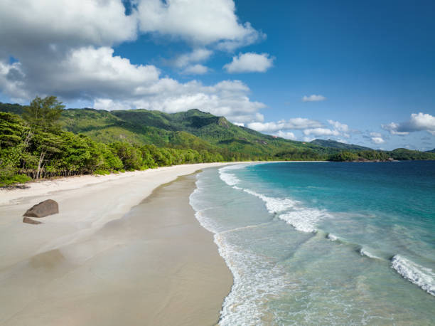 Grand Anse Beach Mahé Island Dream Beach Seychelles Beautiful Grand Anse Beach. Empty Beach on Mahé Island under blue summer skyscape. Drone Point of View. Grand Anse Beach, Mahé Island, Seychelles, East Africa mahe island stock pictures, royalty-free photos & images