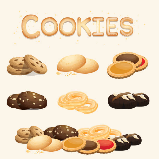 illustrations, cliparts, dessins animés et icônes de ensemble de biscuits faits maison, utiliser pour le menu dessert, illustration vectorielle. - nut spice peanut almond