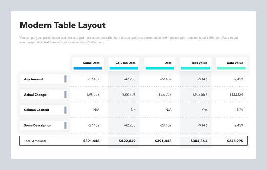 Modern table layout template with a total amount row. Flat infographic design.