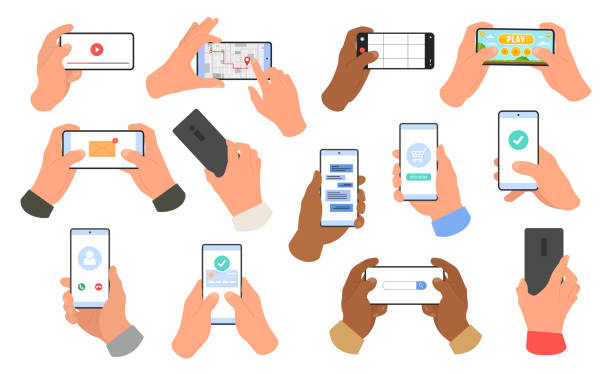 ilustrações de stock, clip art, desenhos animados e ícones de set of hands holding mobile phones. people use smartphones and surfing in social media, mobile games, chatting, watch video. - android telephone mobile phone application software