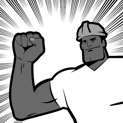 A powerful blue-collar worker wears a work helmet and raises a fist, comics effects lines background, Black and White vision