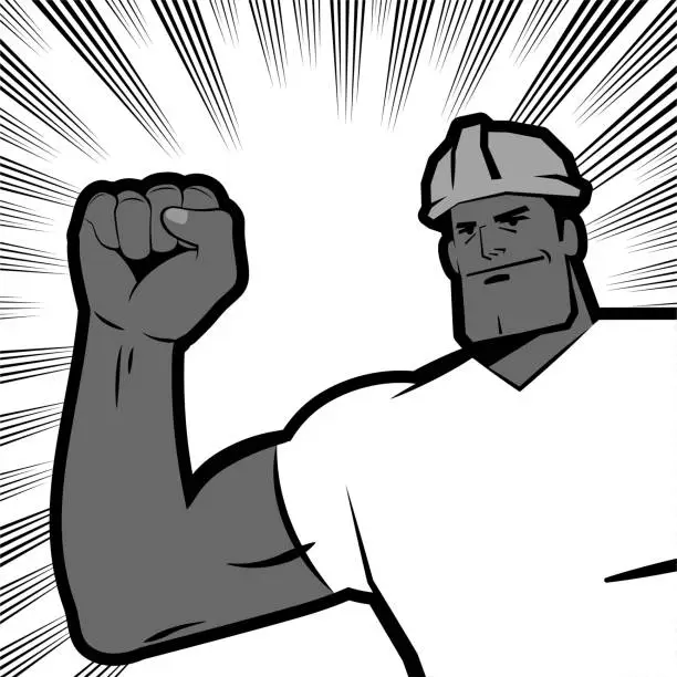 Vector illustration of A powerful blue-collar worker wears a work helmet and raises a fist, comics effects lines background, Black and White vision