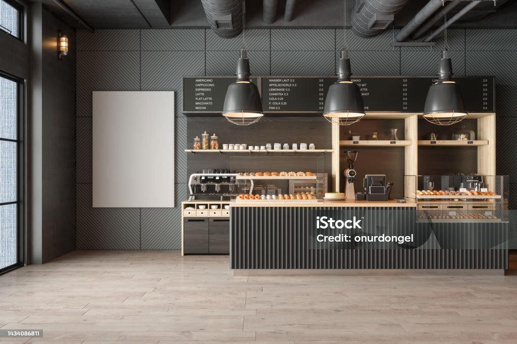 Empty Coffee Shop Interior With Coffee Maker, Pastries And Blank Poster On The Wall Coffee Shop Stock Photo