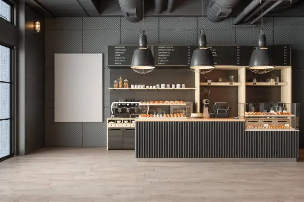 Photo of Empty Coffee Shop Interior With Coffee Maker, Pastries And Blank Poster On The Wall