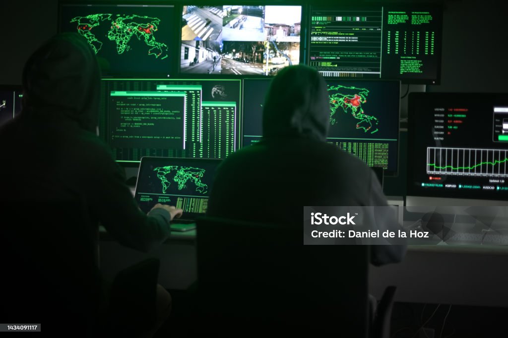 Firewall Hacker User Two Hooded Hackers Hacking Security Firewall Late At Night In Basement ...