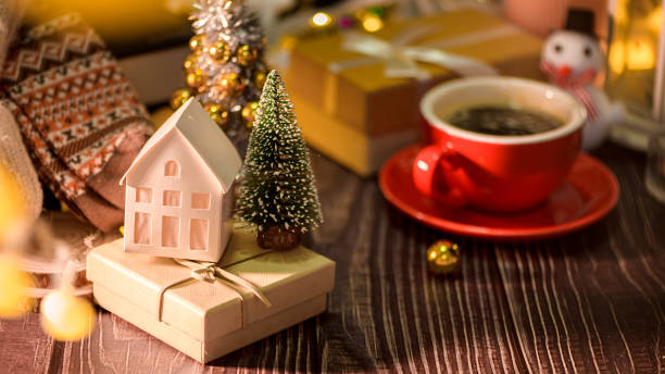 istock Christmas and Winter decorations on wooden table with decorative lights , Christmas background 1434092338
