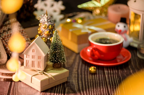 istock Christmas and Winter decorations on wooden table with decorative lights , Christmas background 1434092498