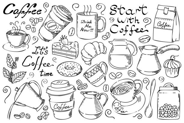 Coffee line art set Coffee line art set. Outline coffee and dessert illustrations collection with black thin line. Hand drown illustrations for your design. food cake tea sketch stock illustrations