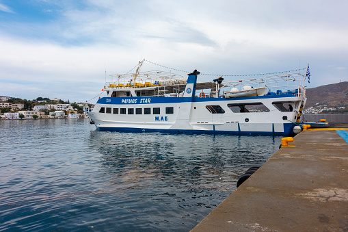 Leros Island-Greece; August 25, 2022; Passenger boat coming Leros Island harbor Agia Marina