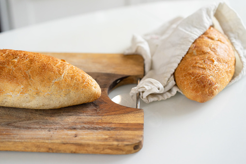 Bread loaf in reusable zero waste linen bread bag