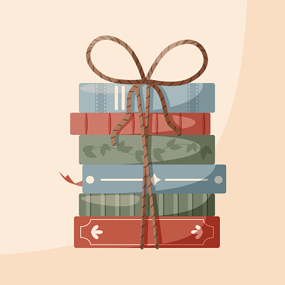 Books stack. Pile of beautiful books cover. Classic books stacked and tied together with a rope. twine. Warm colours. Vector illustration.