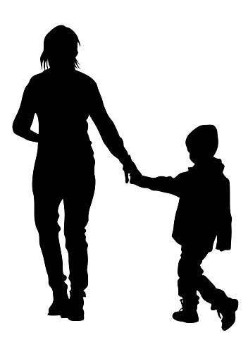 Mother and daughter walking. Silhouette people on white background