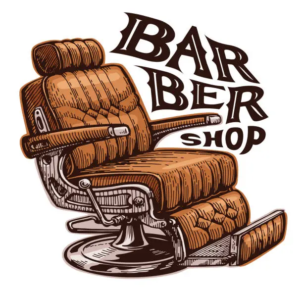 Vector illustration of Barbershop emblem. Retro barber chair. Vintage hairdressing salon armchair. Vector illustration