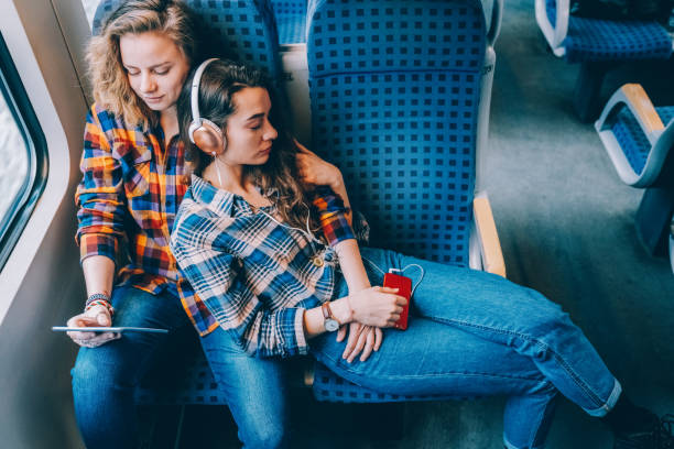 istock Relaxed couple traveling by train 1434101749