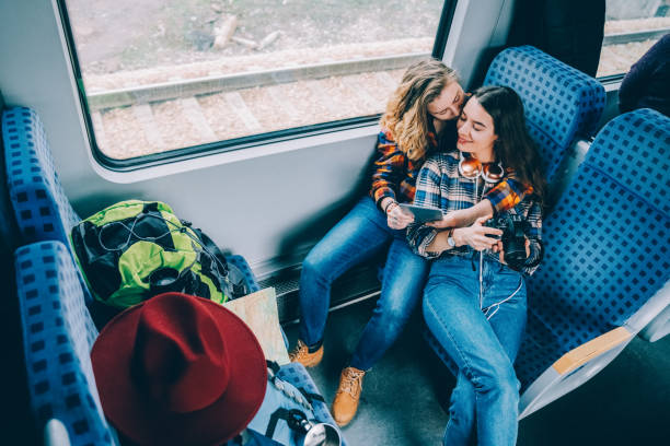 istock Relaxed couple traveling by train 1434102037