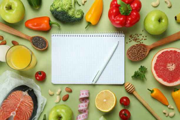 Healthy lifestyle accessories on green background, space for text