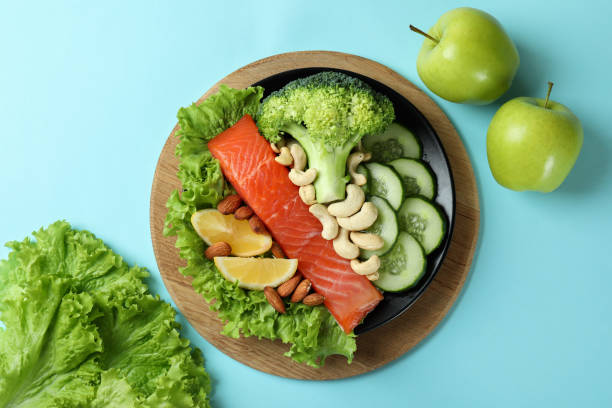 istock Healthy food on blue background, top view 1434103729