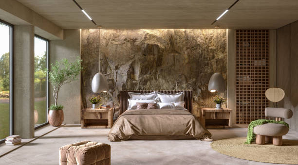 istock Natural Mountain Rock Wall in modern bedroom interior, 3d render 1434104173