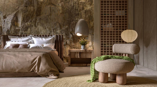 istock Natural Mountain Rock Wall in modern bedroom interior, 3d render 1434104527
