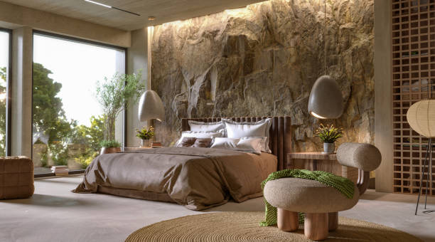 istock Natural Mountain Rock Wall in modern bedroom interior, 3d render 1434104542