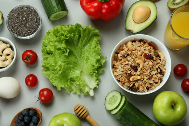 istock Concept of healthy nutrition on light gray background 1434104883