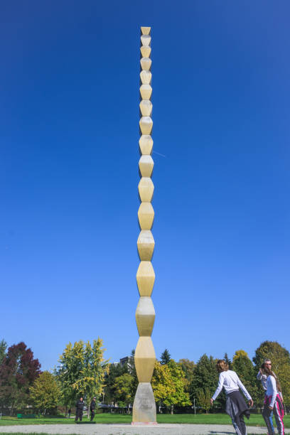 Column Park from Targu Jiu, Romania. October, 16, 2022 Column of Infinity or Endless Column, the work of the Romanian sculptor, Constantin Brancusi. self sacrifice stock pictures, royalty-free photos & images