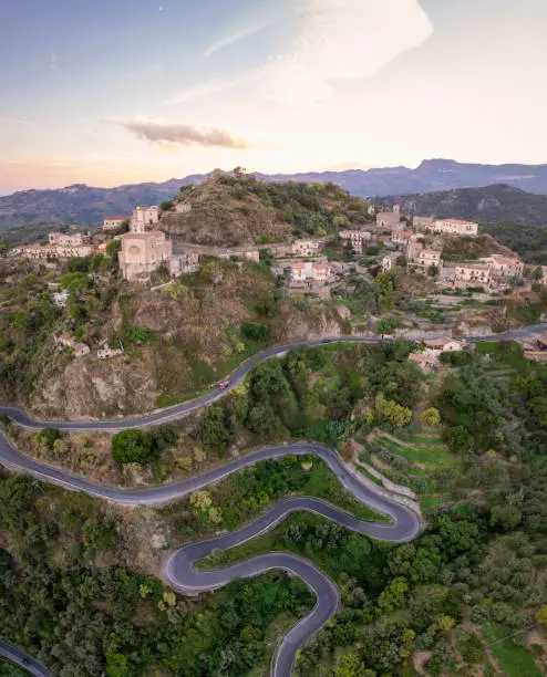 Savoca village in Sicily, Italy. Aerial view of Sicilian village Savoca. Houses on a hill in Savoca, small town on Sicily in Italy