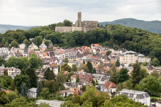 The ruins of Königstein Castle tower over the town of the same name in Taunus, Hesse, Germany