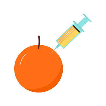 Food adulteration concept vector illustration. Orange with syringe injection in flat design on white background.