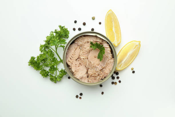istock Tin with canned tuna on white background 1434110075
