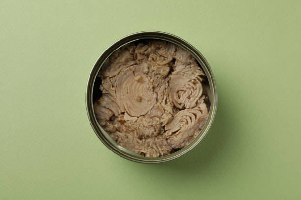 istock Tin with canned tuna on green background 1434110173