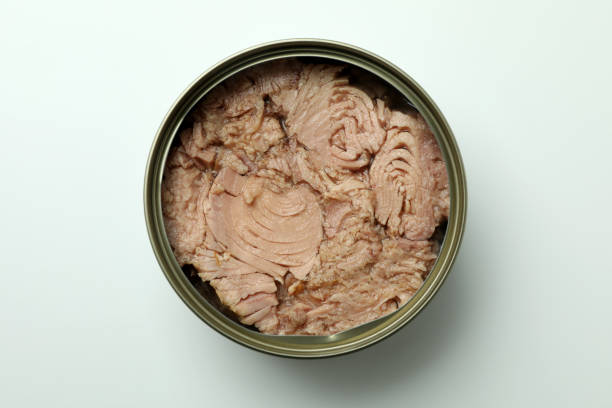 istock Tin with canned tuna on white background 1434110684