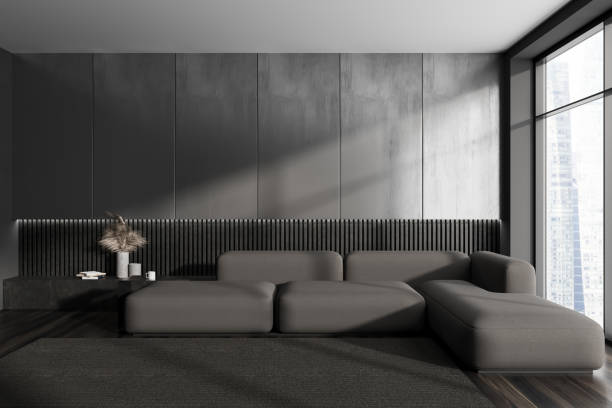 istock Grey chill room interior with sofa and decoration, panoramic window. Empty wall 1434111602