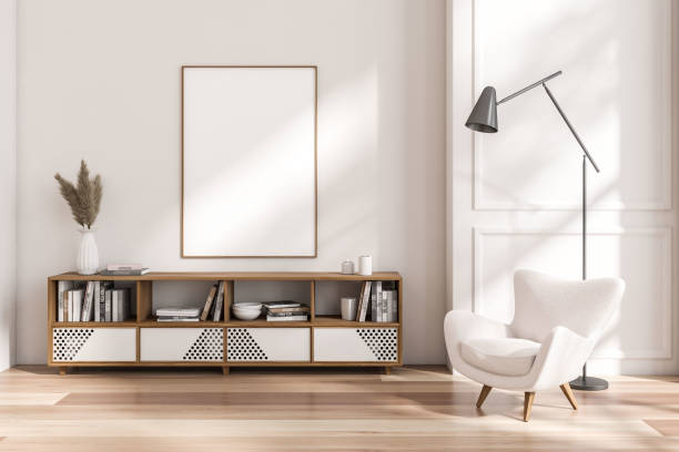 istock Light chill room interior with chair and sideboard, mockup frame 1434111732