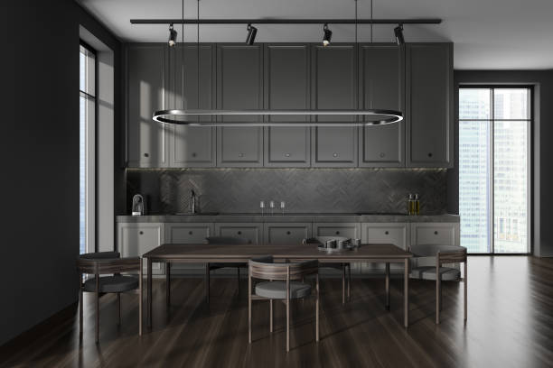 istock Grey kitchen interior with eating and cooking area, panoramic window 1434111740