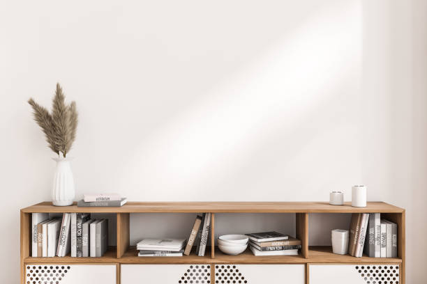 istock Light relax room interior with sideboard and decoration, mockup wall 1434111764